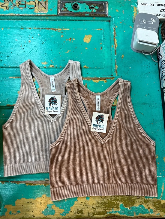Zenana Outfitters Tops - ZENANA Set/2 Ribbed V-Neck Crop Racerback Tank Top - Camel / Ash Mocha